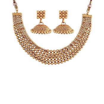 Gold Plated Traditional Style Choker Necklace Jewellery Set for Women/Girls  1