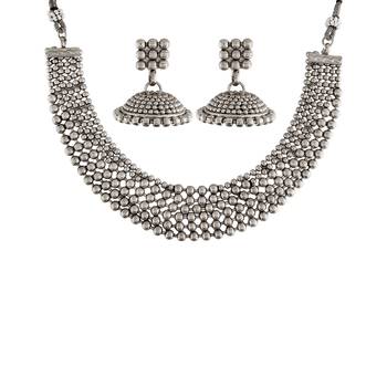 18K Oxidized Plated Traditional South Indian Style Choker Necklace Jewellery Set for Women - Silver  1