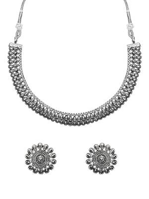 Silver Oxidised Traditional Choker Necklace and Earrings Jewellery Set For Women & Girls  1