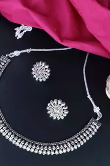 Silver Oxidised Traditional Choker Necklace and Earrings Jewellery Set For Women & Girls 