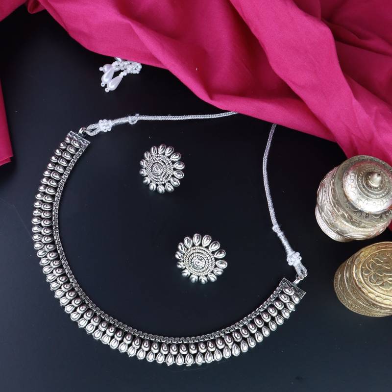Silver Oxidised Traditional Choker Necklace and Earrings Jewellery Set For Women & Girls 