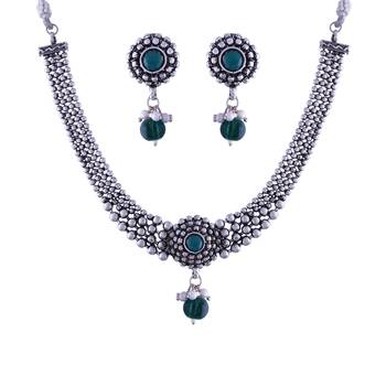 Silver Plated Traditional Style Choker Necklace Jewellery Set for Women/Girls  1