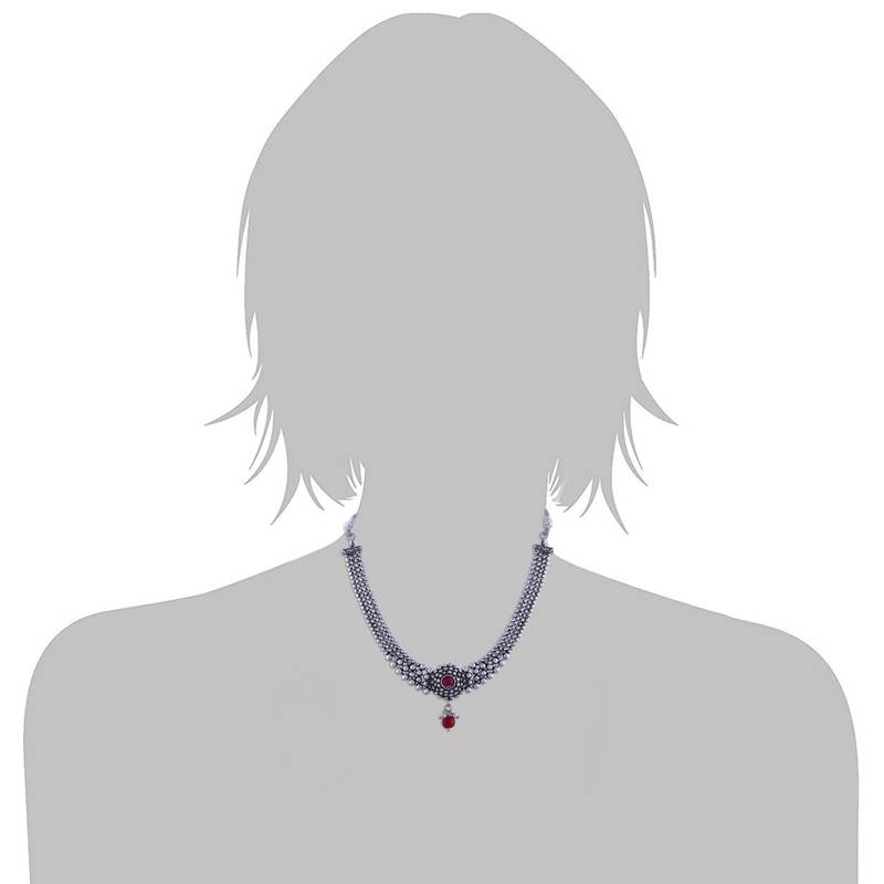 Silver Plated Traditional Style Choker Necklace Jewellery Set for Women/Girls 