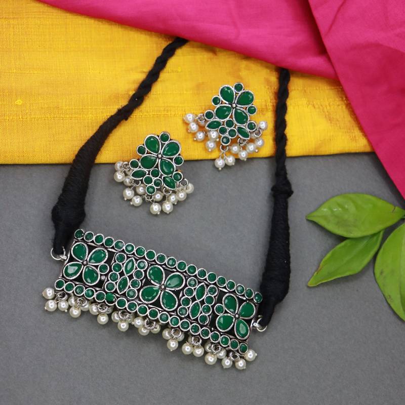 Silver Oxidized Toned Ruby Stone Studded Design Handcrafted Necklace Set For Women 