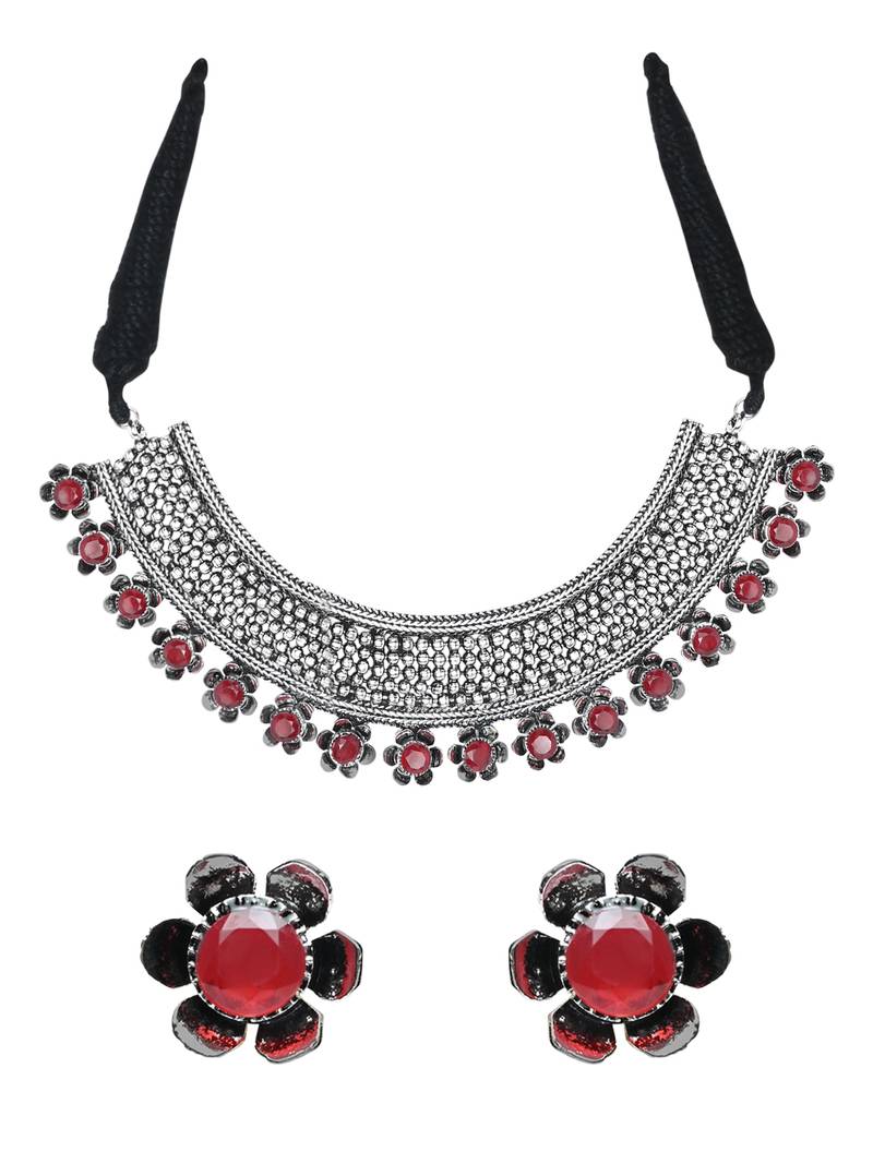 I Jewels Silver Oxidised Jewellery Choker Necklace Set with Earrings for Women & Girls(MC118R)