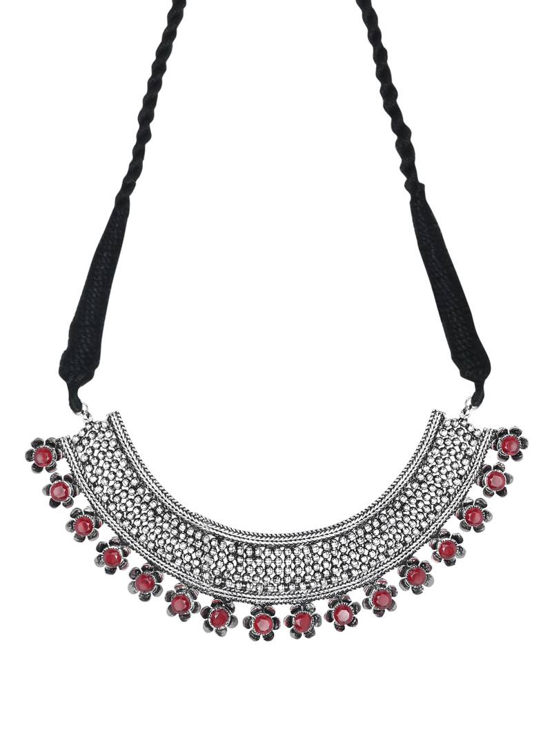 I Jewels Silver Oxidised Jewellery Choker Necklace Set with Earrings for Women & Girls(MC118R)