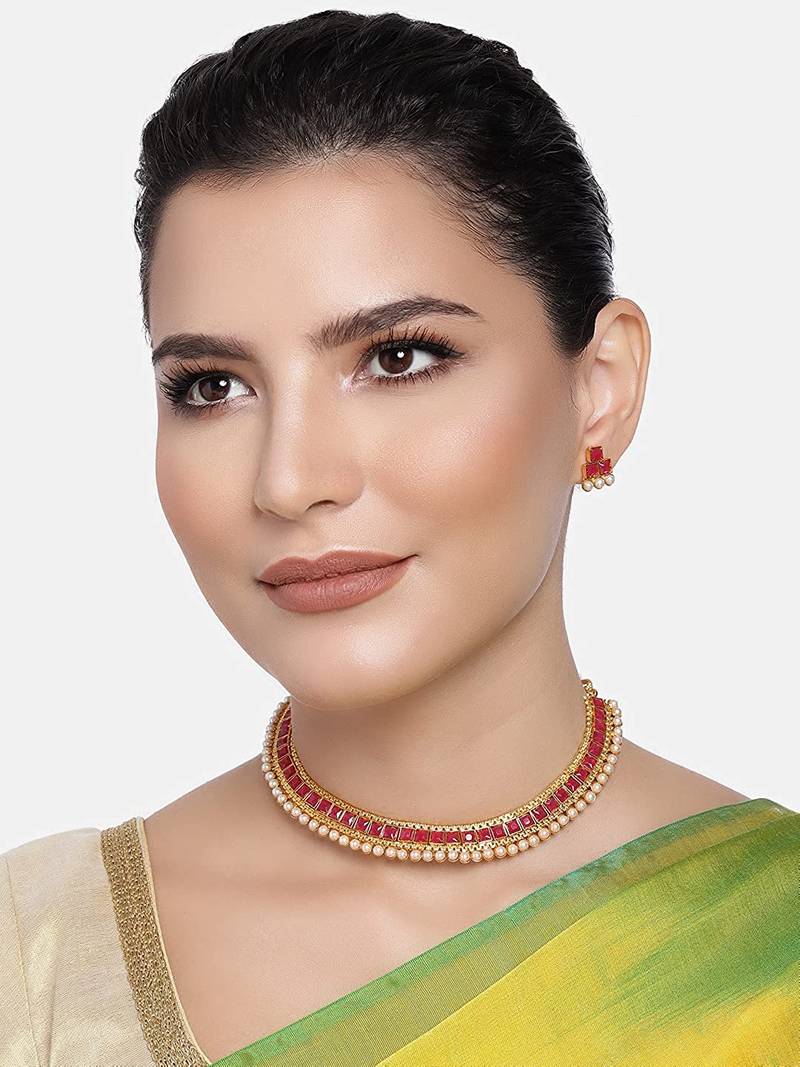 Gold Plated Traditional Pink Choker Necklace Jewellery Set For Women/Girls 