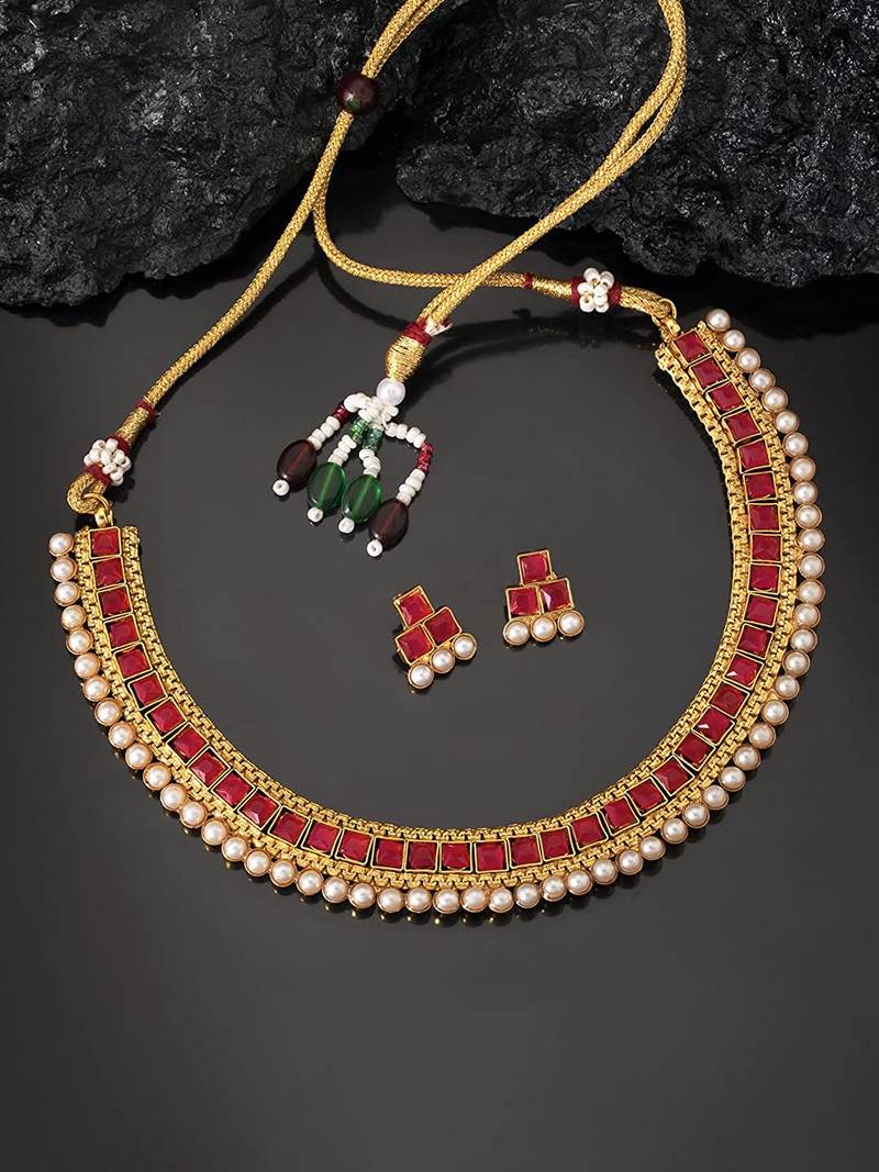 Gold Plated Traditional Pink Choker Necklace Jewellery Set For Women/Girls 