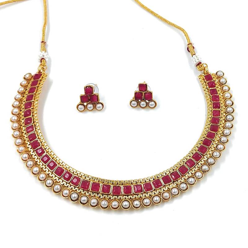 Gold Plated Traditional Pink Choker Necklace Jewellery Set For Women/Girls 
