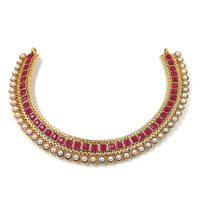 Gold Plated Traditional Pink Choker Necklace Jewellery Set For Women/Girls 