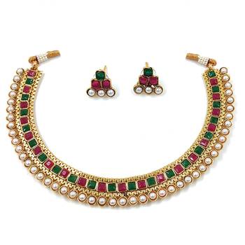 Gold Plated Traditional Multi Choker Necklace Jewellery Set For Women/Girls  1