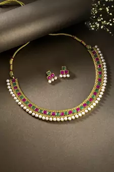 Gold Plated Traditional Multi Choker Necklace Jewellery Set For Women/Girls 