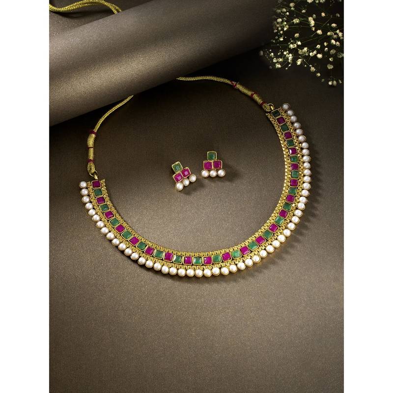 Gold Plated Traditional Multi Choker Necklace Jewellery Set For Women/Girls 