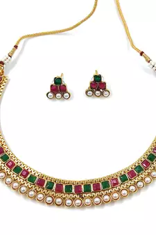 Gold Plated Traditional Multi Choker Necklace Jewellery Set For Women/Girls 