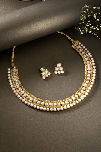 Gold Plated Traditional White Choker Necklace Jewellery Set For Women/Girls (MC119W)