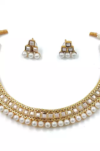 Gold Plated Traditional White Choker Necklace Jewellery Set For Women/Girls (MC119W)