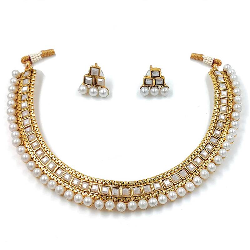 Gold Plated Traditional White Choker Necklace Jewellery Set For Women/Girls (MC119W)
