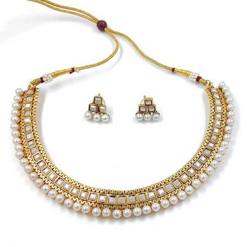 Gold Plated Traditional White Choker Necklace Jewellery Set For Women/Girls (MC119W) 3
