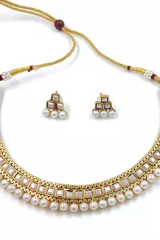 Gold Plated Traditional White Choker Necklace Jewellery Set For Women/Girls (MC119W)