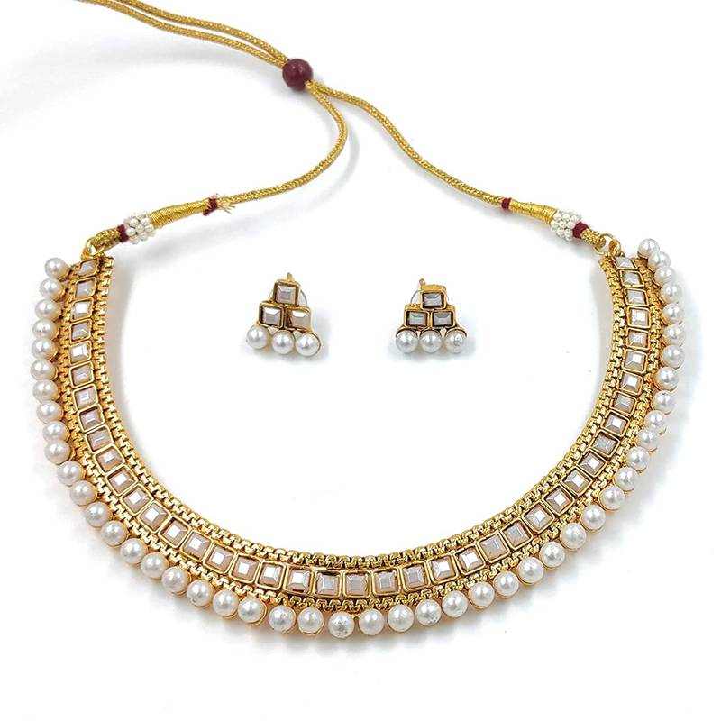 Gold Plated Traditional White Choker Necklace Jewellery Set For Women/Girls (MC119W)