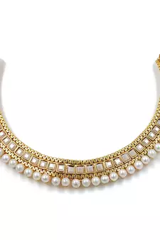 Gold Plated Traditional White Choker Necklace Jewellery Set For Women/Girls (MC119W)