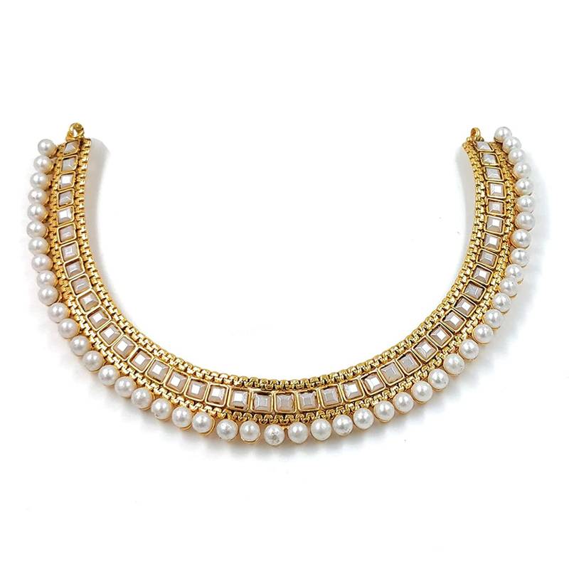 Gold Plated Traditional White Choker Necklace Jewellery Set For Women/Girls (MC119W)