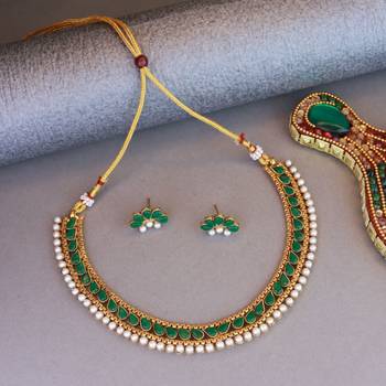 Gold Plated Traditional Green Choker Necklace Jewellery Set For Women/Girls  3