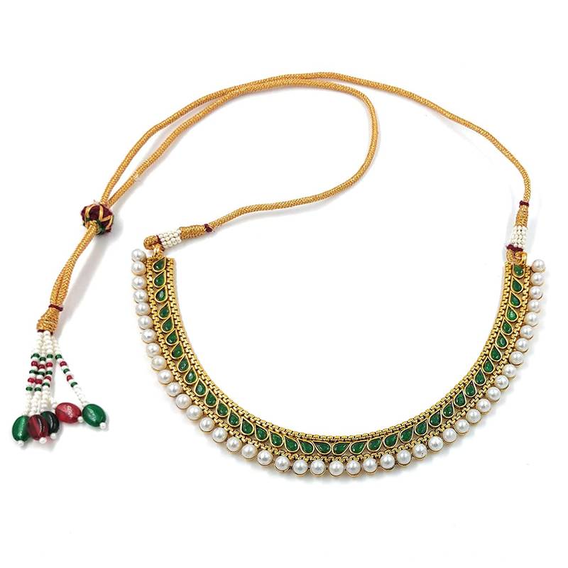 Gold Plated Traditional Green Choker Necklace Jewellery Set For Women/Girls 