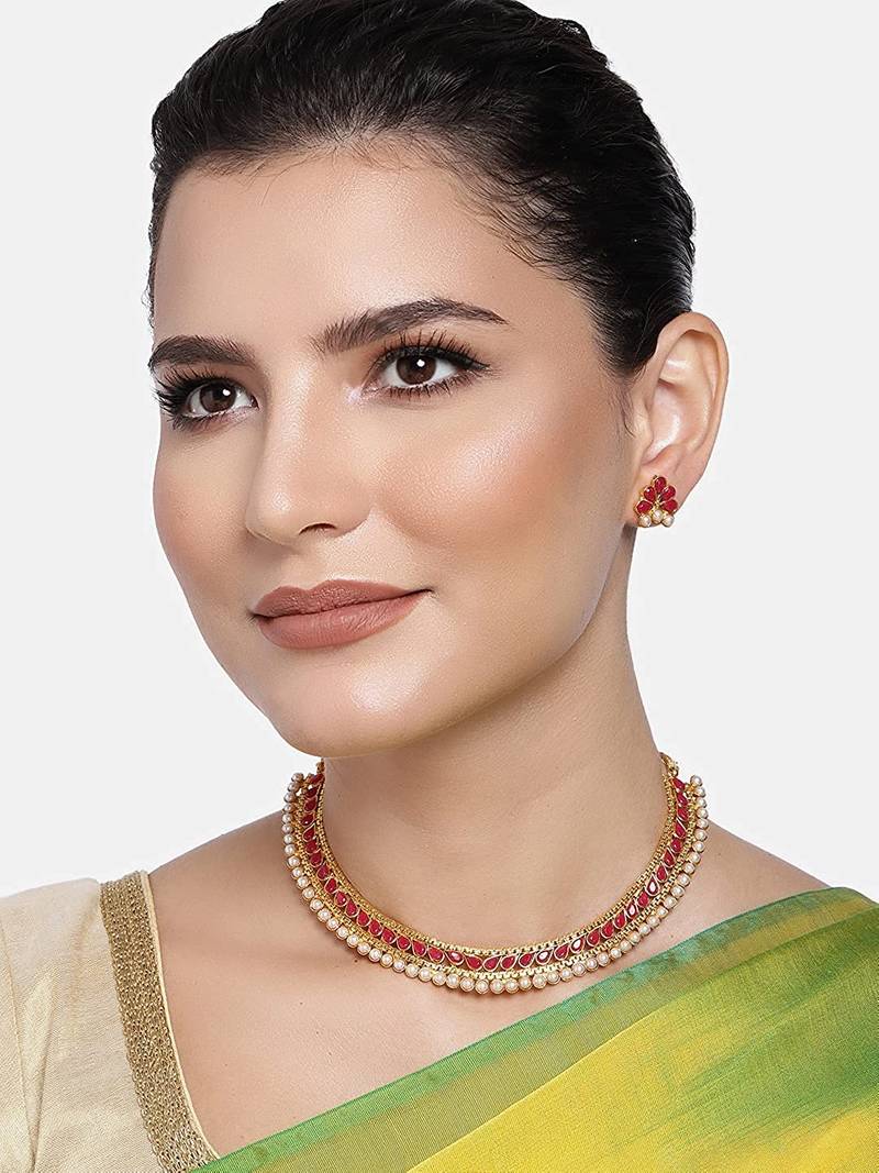 Gold Plated Traditional Pink Choker Necklace Jewellery Set For Women/Girls 