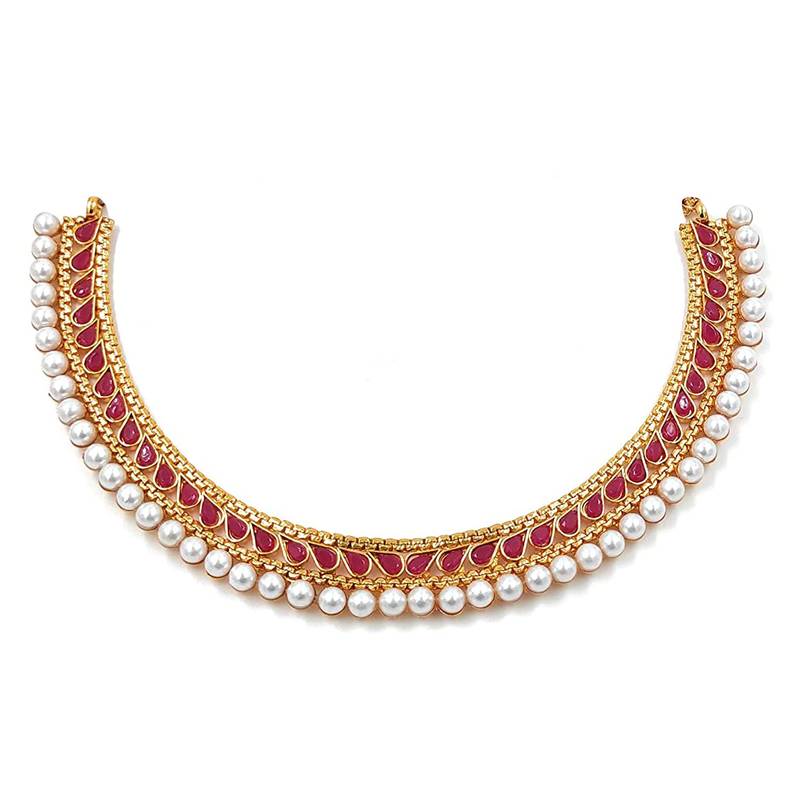 Gold Plated Traditional Pink Choker Necklace Jewellery Set For Women/Girls 