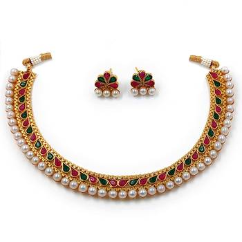 Gold Plated Traditional Multi Choker Necklace Jewellery Set For Women/Girls  1