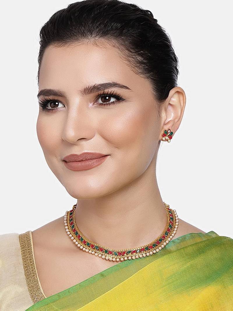 Gold Plated Traditional Multi Choker Necklace Jewellery Set For Women/Girls 