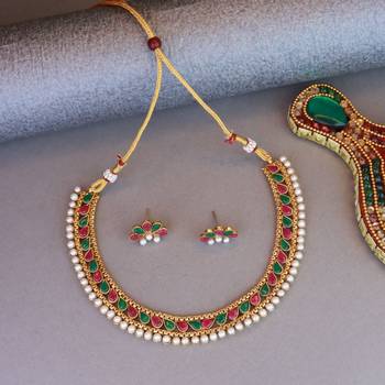 Gold Plated Traditional Multi Choker Necklace Jewellery Set For Women/Girls  3