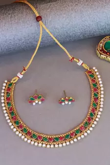 Gold Plated Traditional Multi Choker Necklace Jewellery Set For Women/Girls 