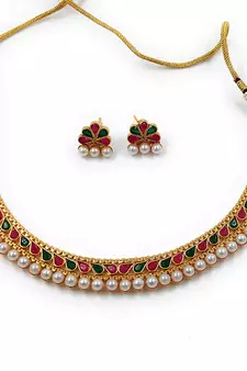 Gold Plated Traditional Multi Choker Necklace Jewellery Set For Women/Girls 