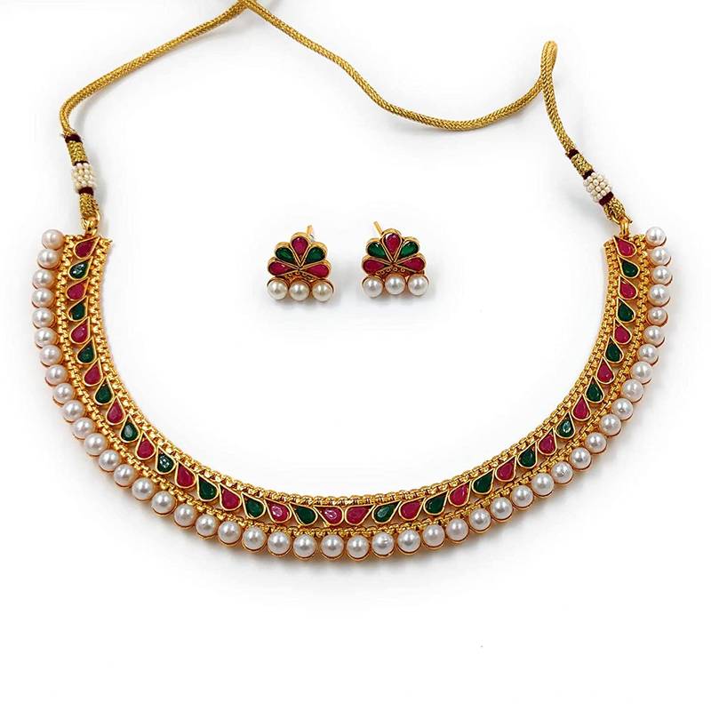 Gold Plated Traditional Multi Choker Necklace Jewellery Set For Women/Girls 
