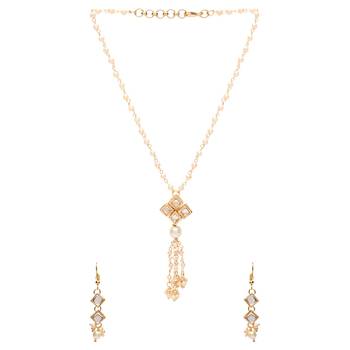 Gold Plated Traditional Pearl Beaded Stylish Moti Necklace Jewellery Set with Earrings for Girls  1