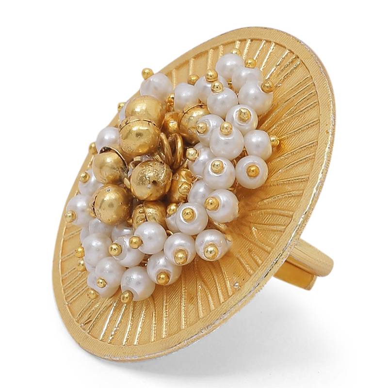 Gold Plated Ethnic Adjustable Brass Finger Ring Embellished With ghungroo and pearl 