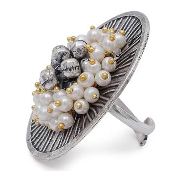 Silver Oxidised Ethnic Adjustable Brass Finger Ring Embellished With ghungroo and pearl  2