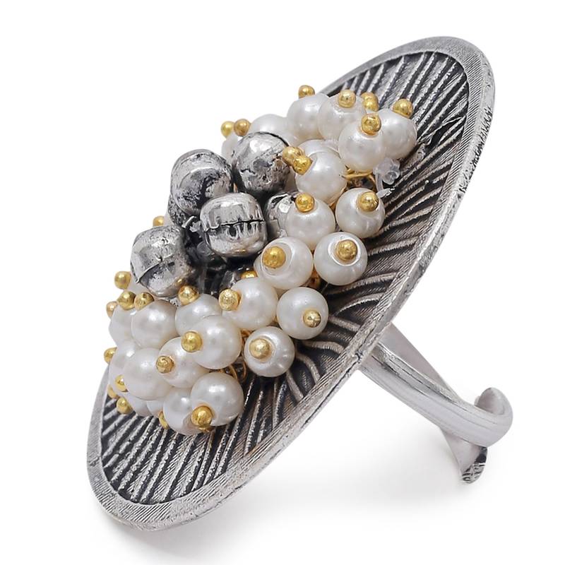 Silver Oxidised Ethnic Adjustable Brass Finger Ring Embellished With ghungroo and pearl 