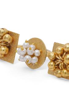 Gold Plated Ethnic Adjustable Brass Finger Ring Embellished With ghungroo and pearl 