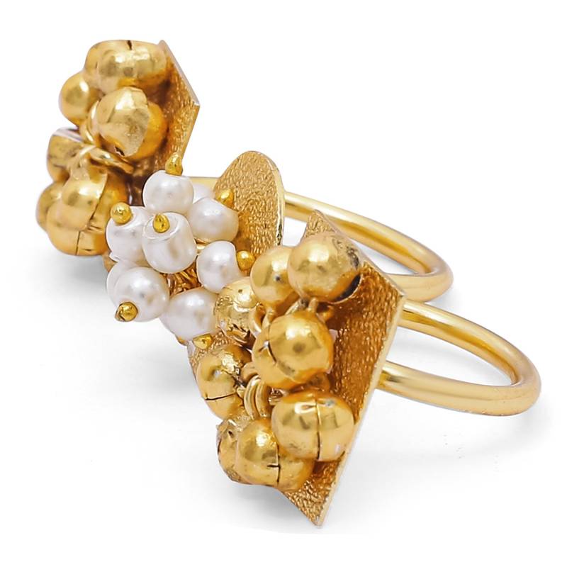 Gold Plated Ethnic Adjustable Brass Finger Ring Embellished With ghungroo and pearl 