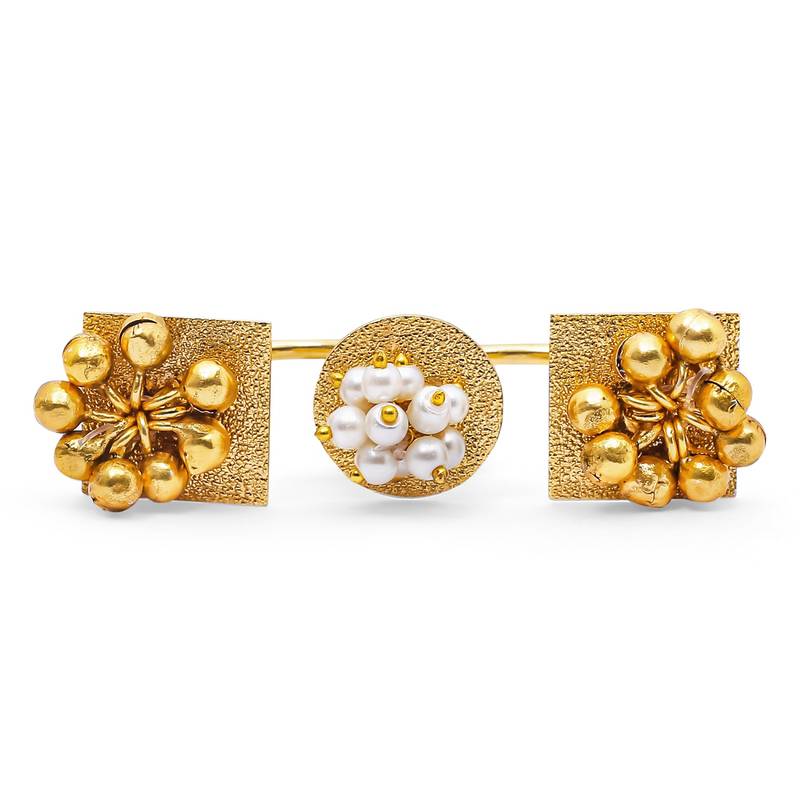 Gold Plated Ethnic Adjustable Brass Finger Ring Embellished With ghungroo and pearl 