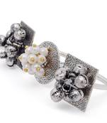 Silver Oxidised Ethnic Adjustable Brass Finger Ring Embellished With ghungroo and pearl 