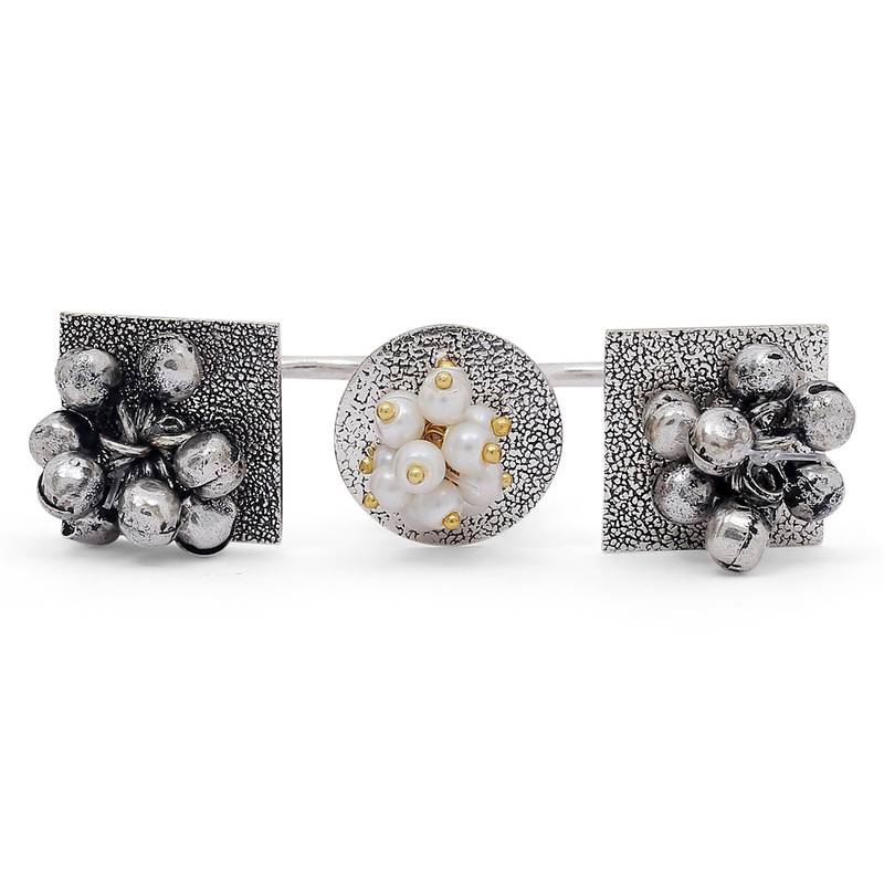 Silver Oxidised Ethnic Adjustable Brass Finger Ring Embellished With ghungroo and pearl 