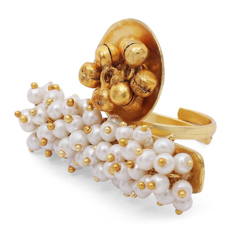 Gold Plated Ethnic Adjustable Brass Finger Ring Embellished With ghungroo and pearl 