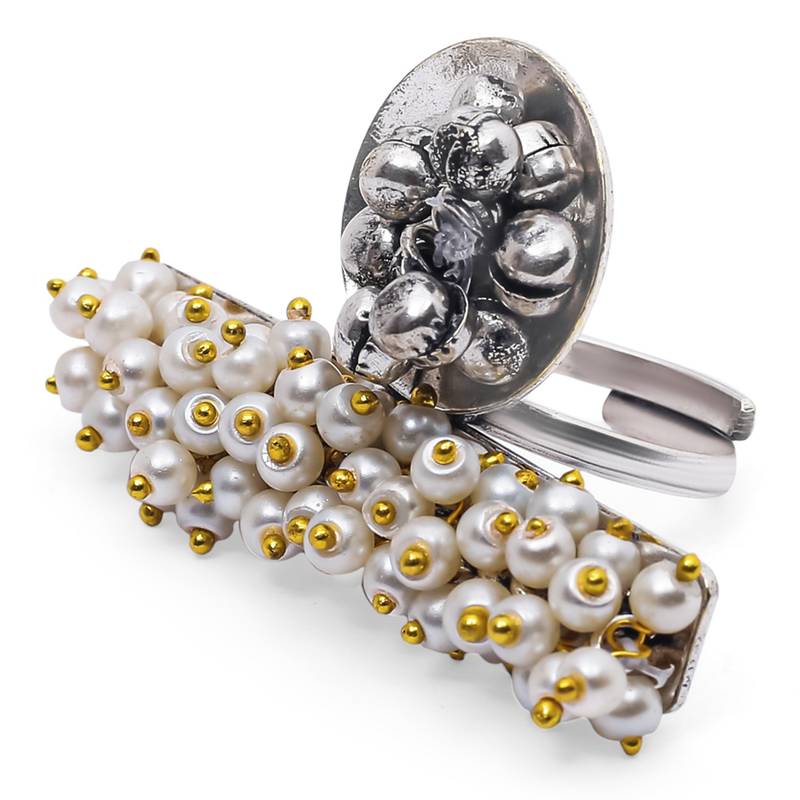 Silver Oxidised Ethnic Adjustable Brass Finger Ring Embellished With ghungroo and pearl 