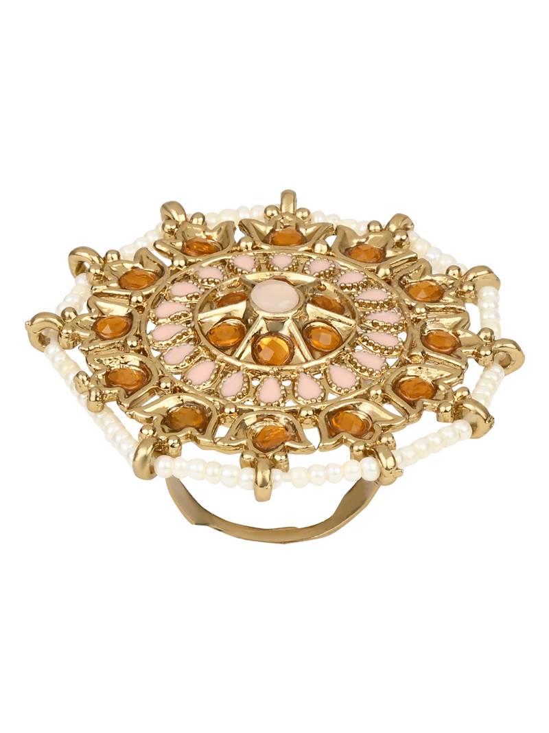 Gold Plated Ethnic Adjustable Brass Finger Ring Embellished With ghungroo and pearl 