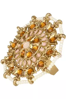 Gold Plated Ethnic Adjustable Brass Finger Ring Embellished With ghungroo and pearl 