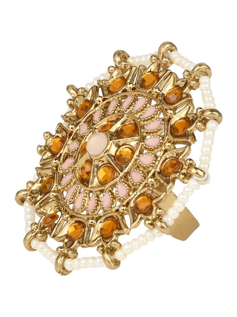 Gold Plated Ethnic Adjustable Brass Finger Ring Embellished With ghungroo and pearl 